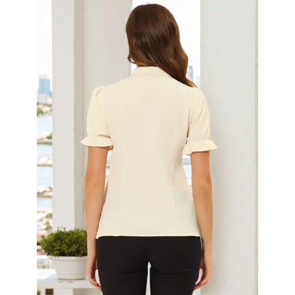 Bow Tie Neck Tops Workwear Short Sleeve Blouse Beige - Picture 4 of 5